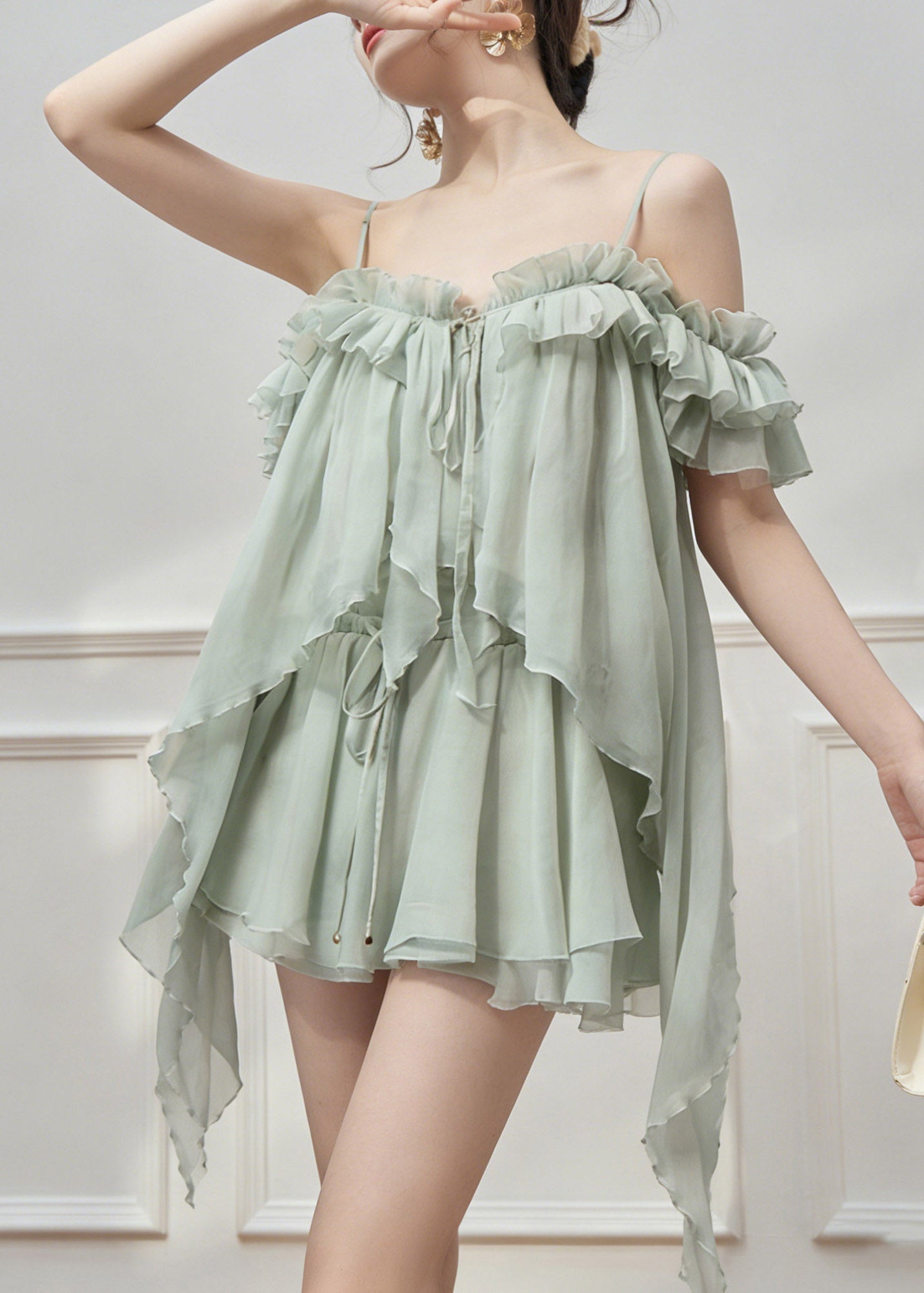Natural Green Cold Shoulder Asymmetrical Chiffon Top And Skirts Two Pieces Set Sleeveless