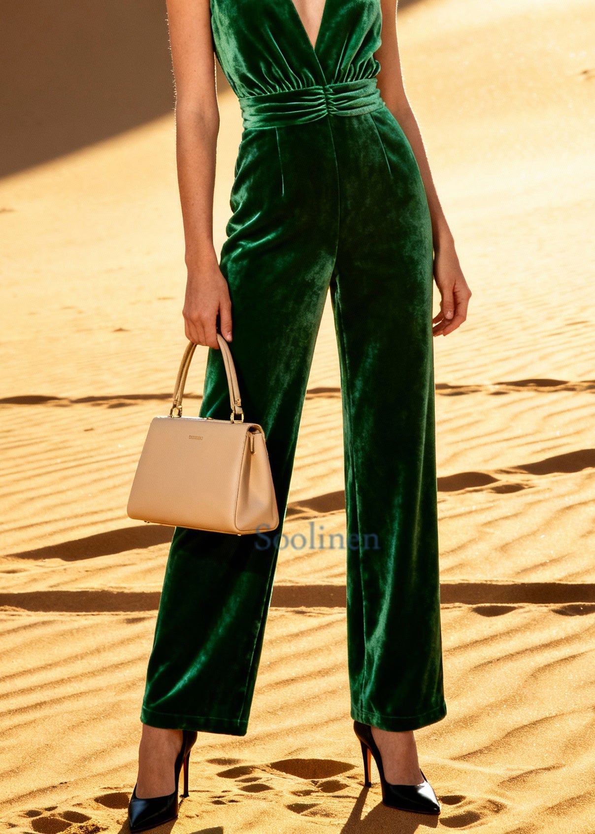 Natural Green V Neck High Waist Silk Velvet Jumpsuits Summer