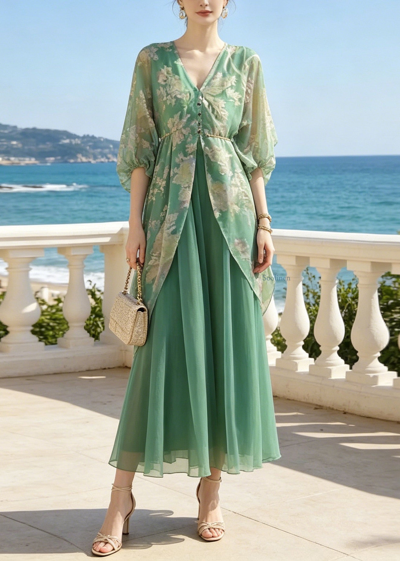Natural Green V Neck Print Patchwork Party Chiffon Long Dress Lantern Sleeve