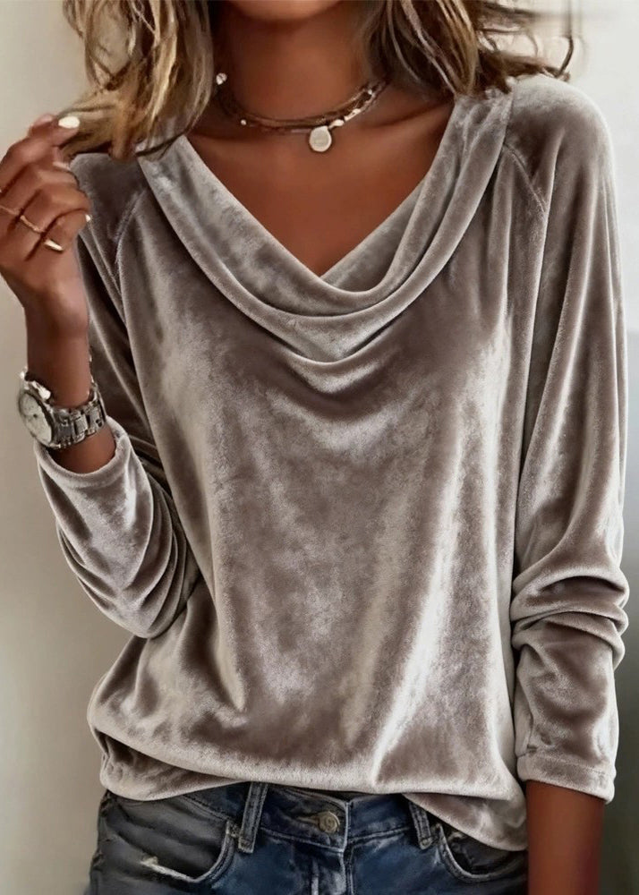 Natural Grey Pockets Solid Pullover O-Neck Spring