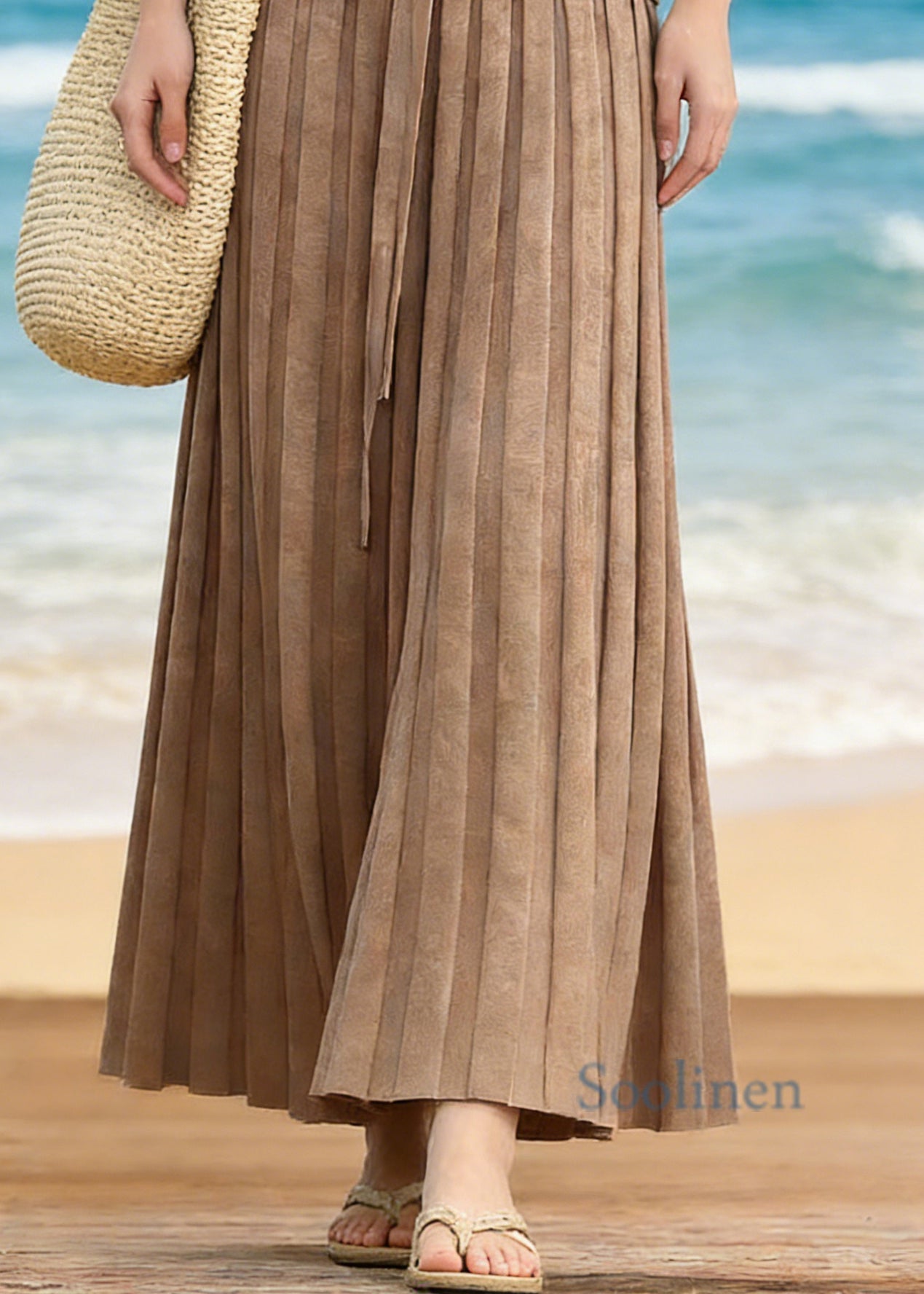 Natural Khaki Patchwork Tie Waist Knit A Line Skirt Spring