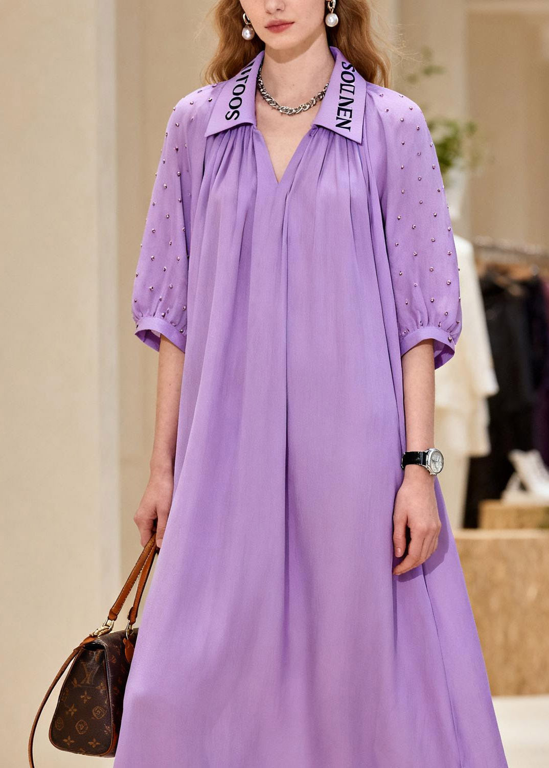 Natural Purple Peter Pan Collar Chiffon Maxi Dresses Summer