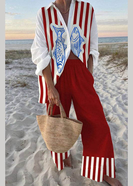 Conjunto de dos piezas de otoño con camisa a rayas de cuello Peter Pan en rojo natural y pantalones de pierna ancha
