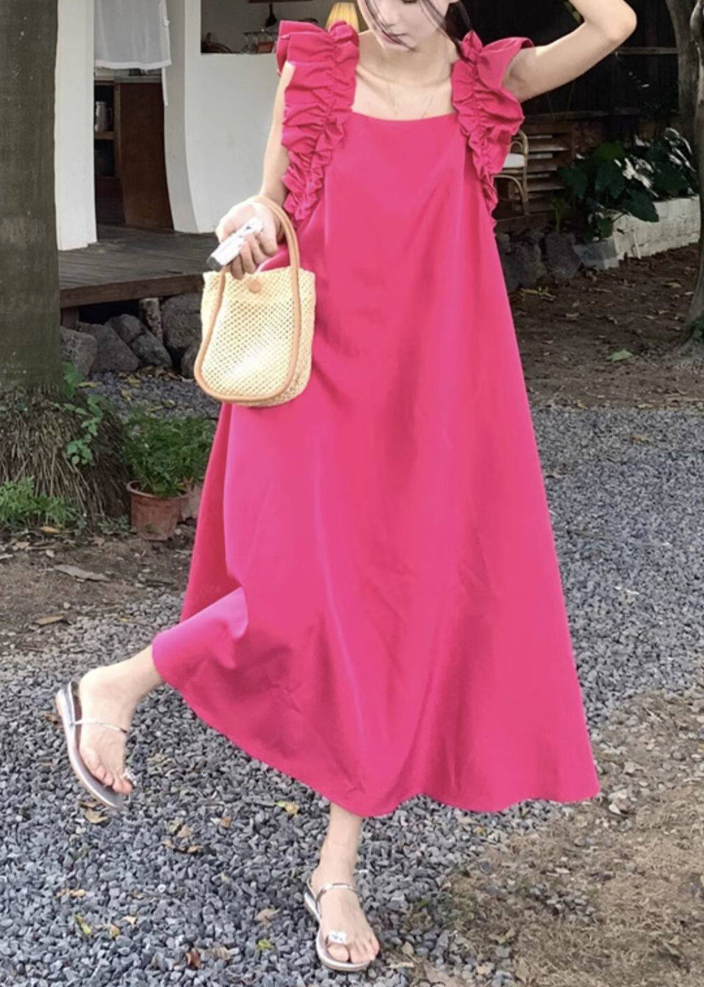Natural Rose Ruffled Cotton Vacation Dresses Summer