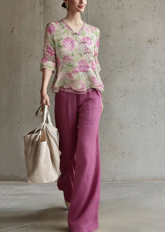 Natural V Neck Print Top And Pants Two Pieces Set Spring