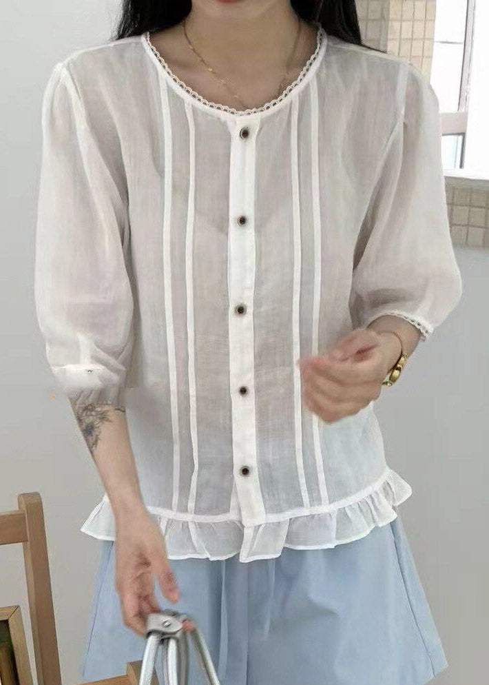 Natural White O-Neck Ruffled Linen Top Short Sleeve