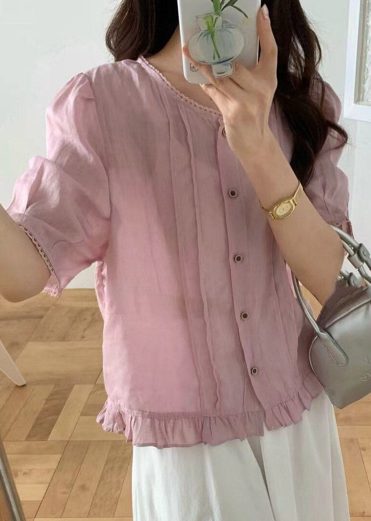 Natural White O-Neck Ruffled Linen Top Short Sleeve
