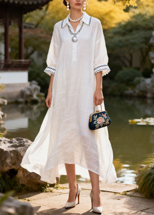 Natural White Peter Pan Collar Lace Patchwork Cotton Dress Summer