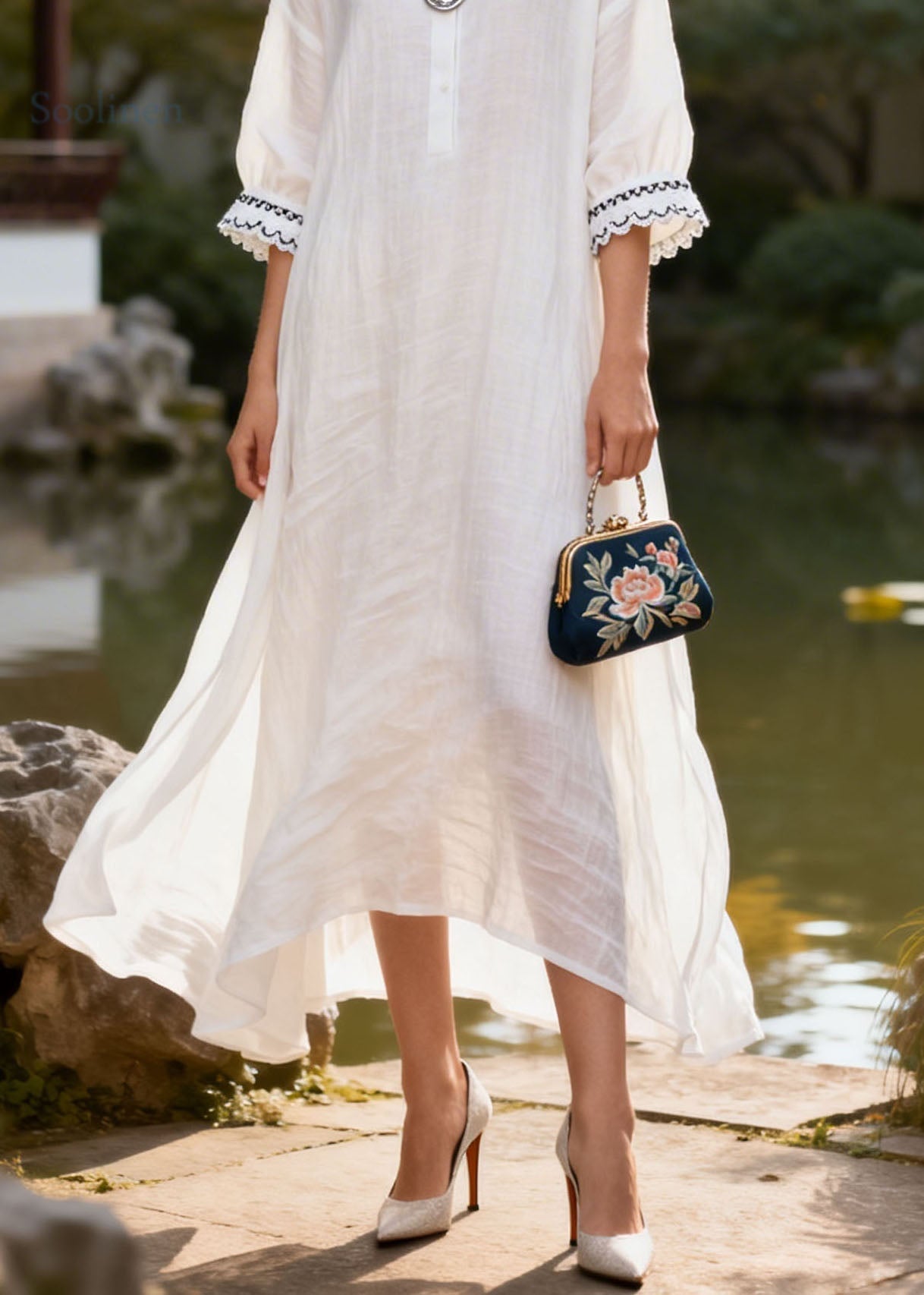 Natural White Peter Pan Collar Lace Patchwork Cotton Dress Summer