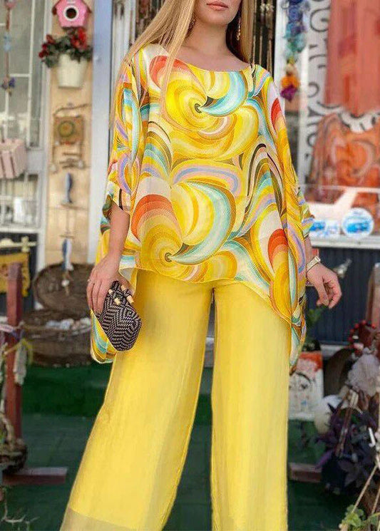 Conjunto de dos piezas de top asimétrico con estampado y cuello redondo y pantalón de pierna ancha en amarillo natural para otoño