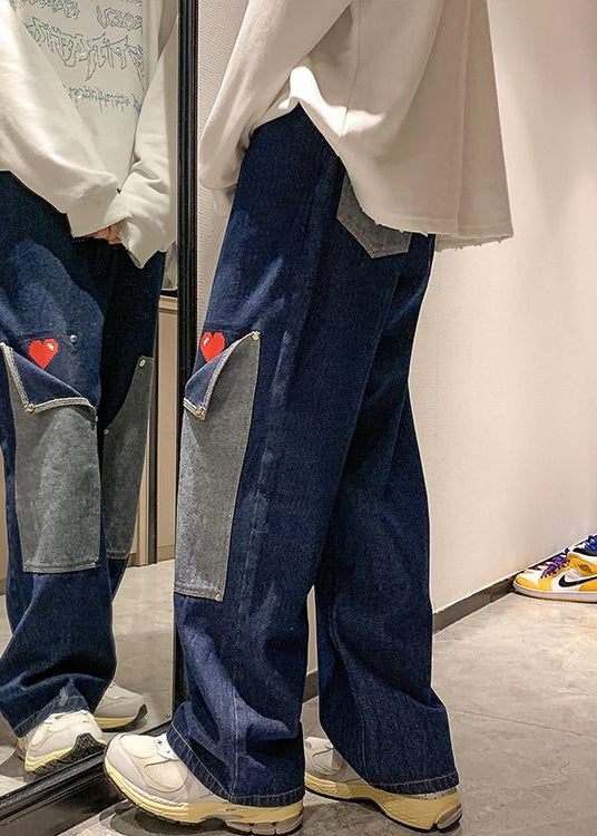 Navy Pockets Patchwork Denim High Waist Mens Pants