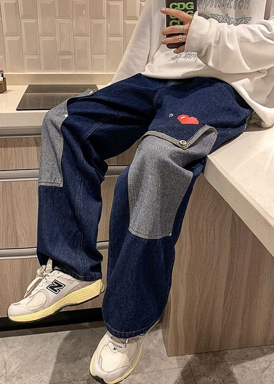Navy Pockets Patchwork Denim High Waist Mens Pants