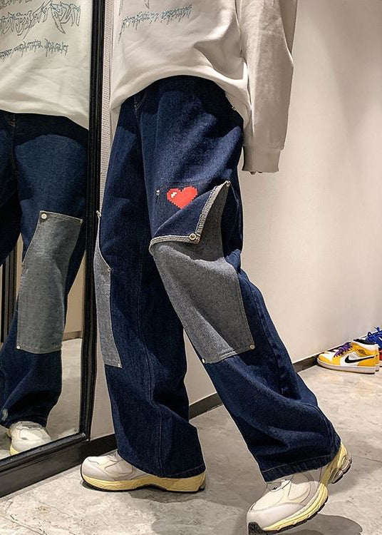 Navy Pockets Patchwork Denim High Waist Mens Pants
