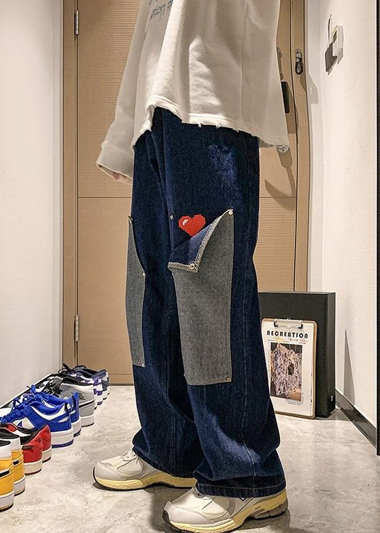 Navy Pockets Patchwork Denim High Waist Mens Pants