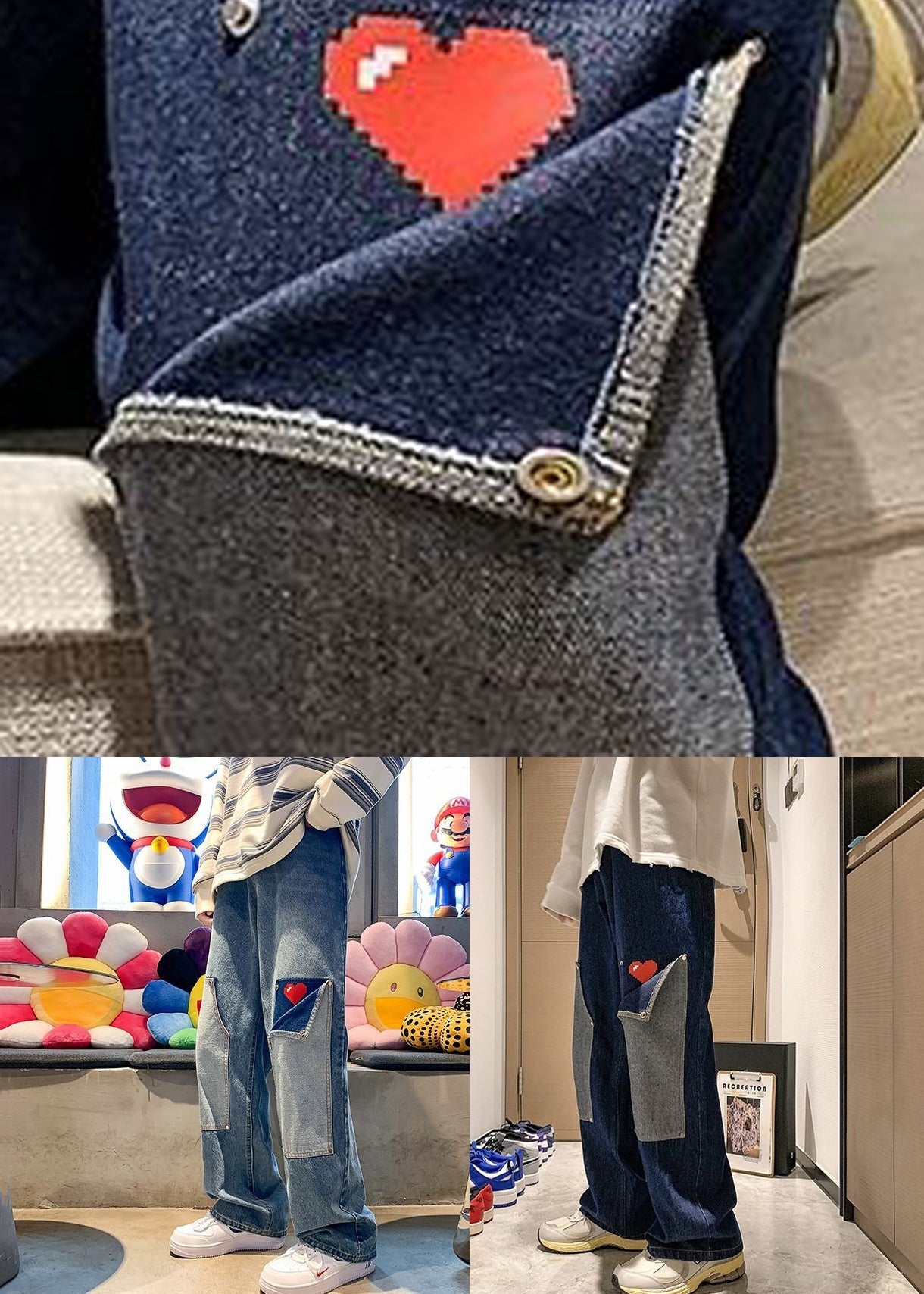 Navy Pockets Patchwork Denim High Waist Mens Pants