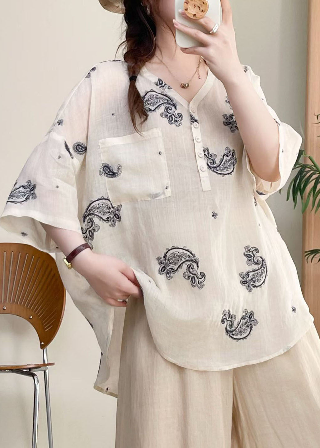 New Apricot V Neck Embroidered Linen Shirts Top Summer