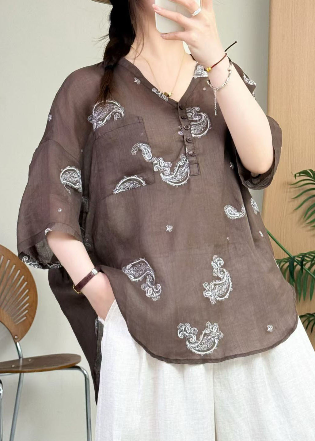 New Apricot V Neck Embroidered Linen Shirts Top Summer