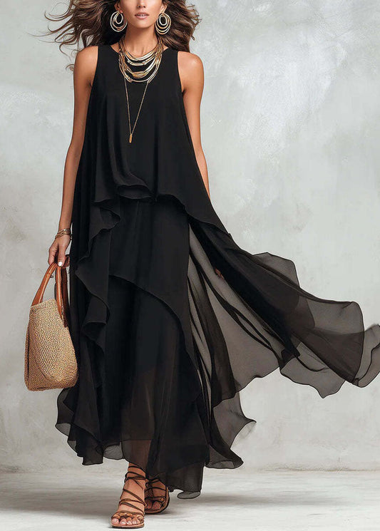 New Black Asymmetrical Design Patchwork Chiffon Dresses Sleeveless