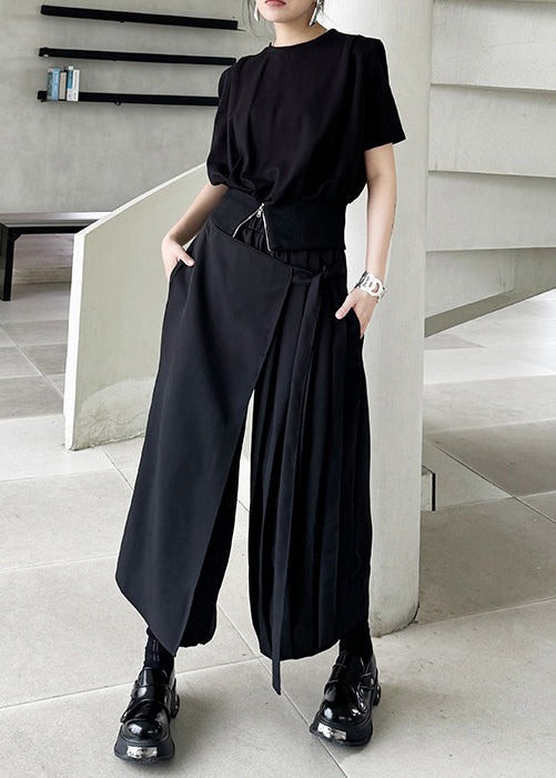 New Black Asymmetrical Pleated Ribbon Splicing Fake Two Piece Wide Leg Pants