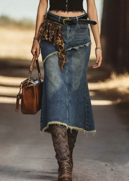 New Blue Fringed Fish Tail Denim Skirt Spring