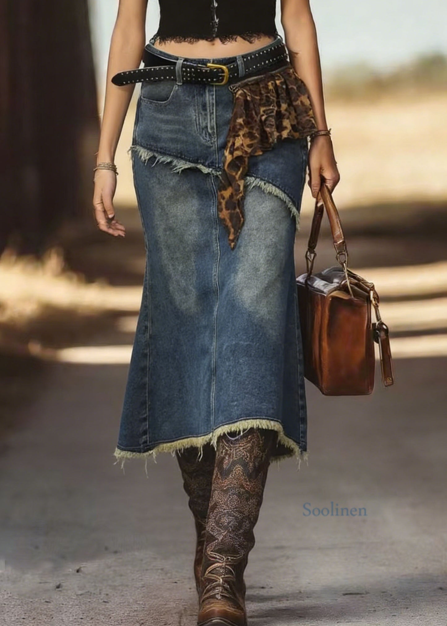 New Blue Fringed Fish Tail Denim Skirt Spring