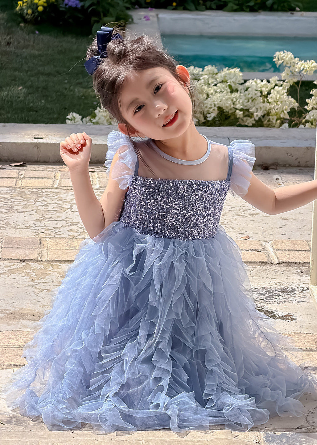 New Blue Sequins Patchwork Tulle Kids Girls Robe Dresses Summer