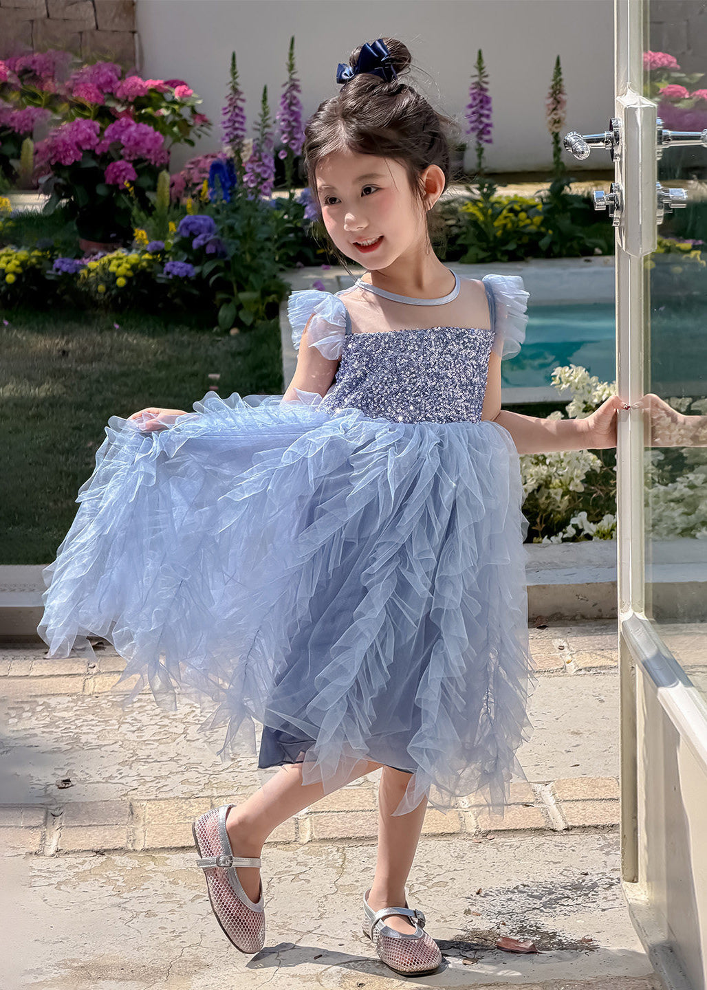 New Blue Sequins Patchwork Tulle Kids Girls Robe Dresses Summer