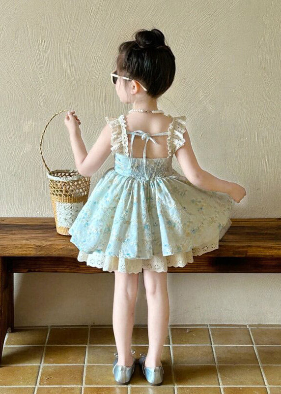 New Blue Square Collar Print Kids Mid Spaghetti Strap Dress Sleeveless