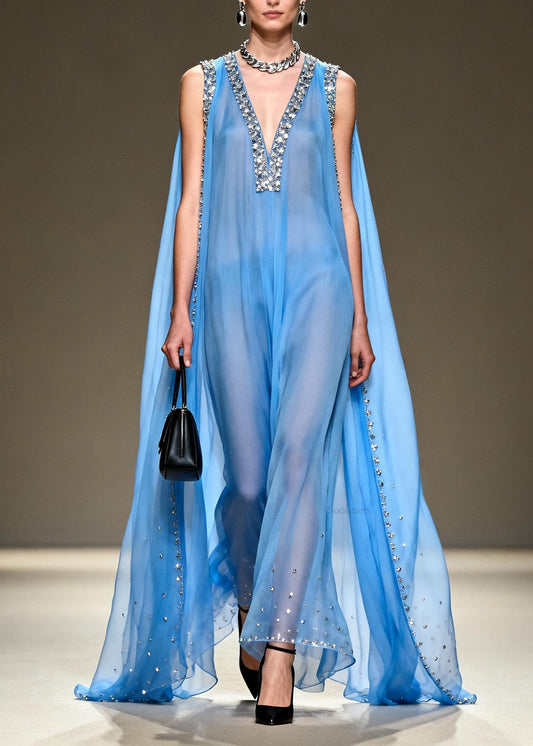 New Blue V Neck Zircon Patchwork Chiffon Maxi Dresses Summer