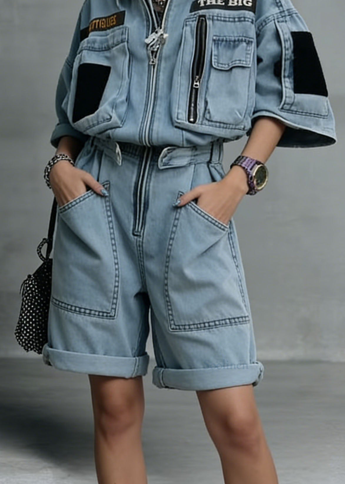 New Blue Zip Up Pockets Patchwork Denim Jumpsuit Summer