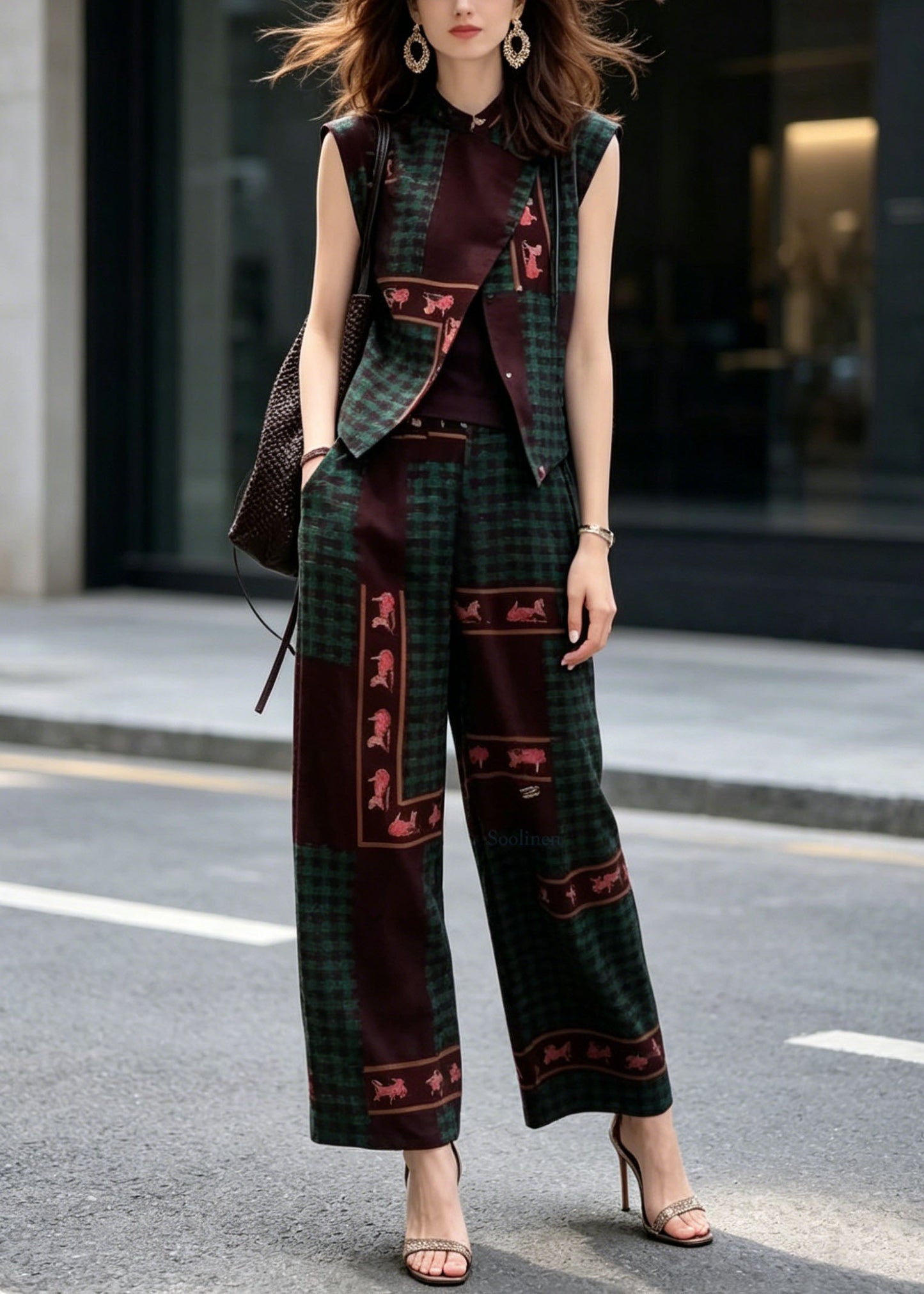 New Chinese Style Print Sleeveless Top And Wide Leg Pants Two Pieces Set