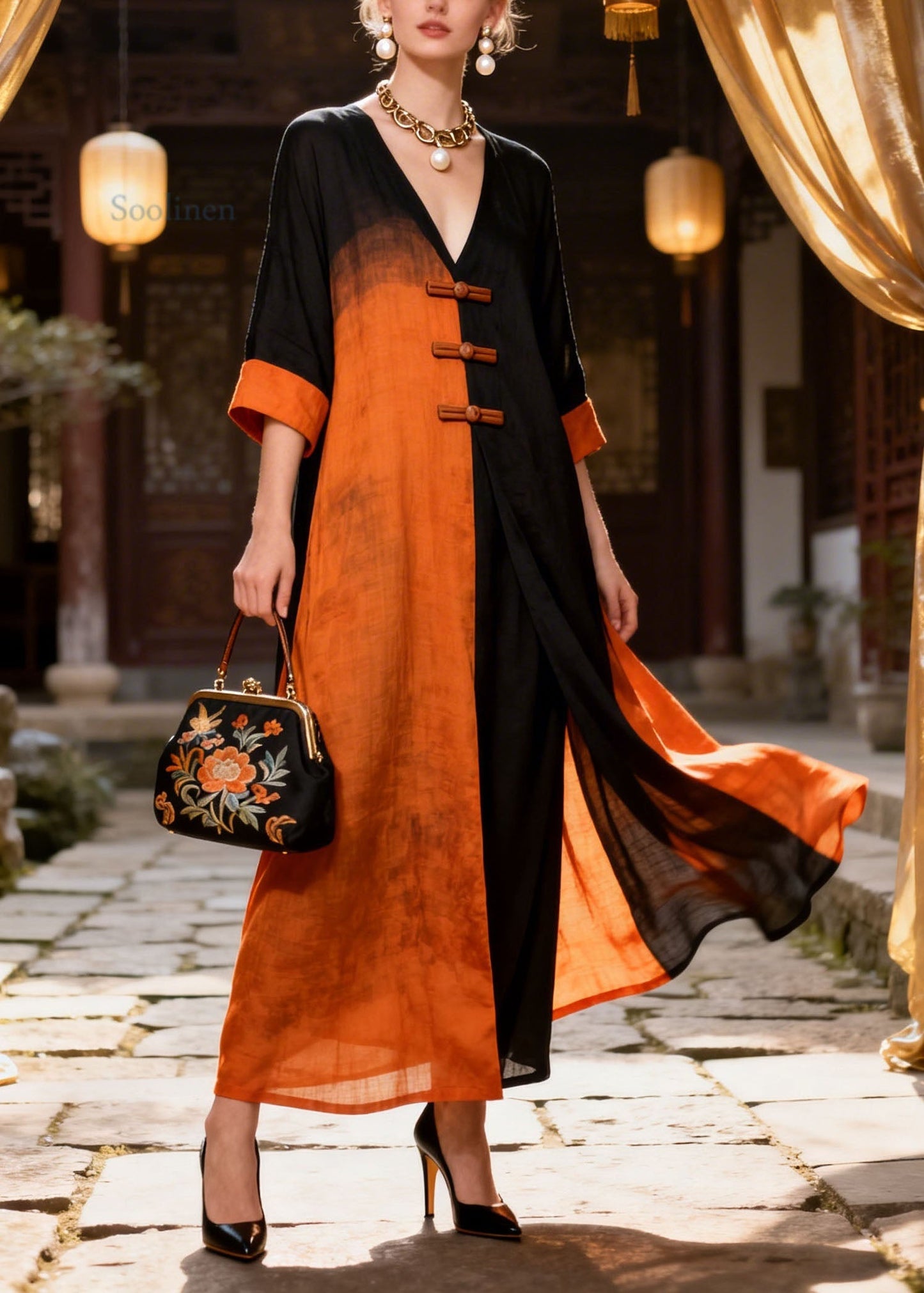 New Colorblock V Neck Oriental Button Patchwork Cotton Long Dresses Summer