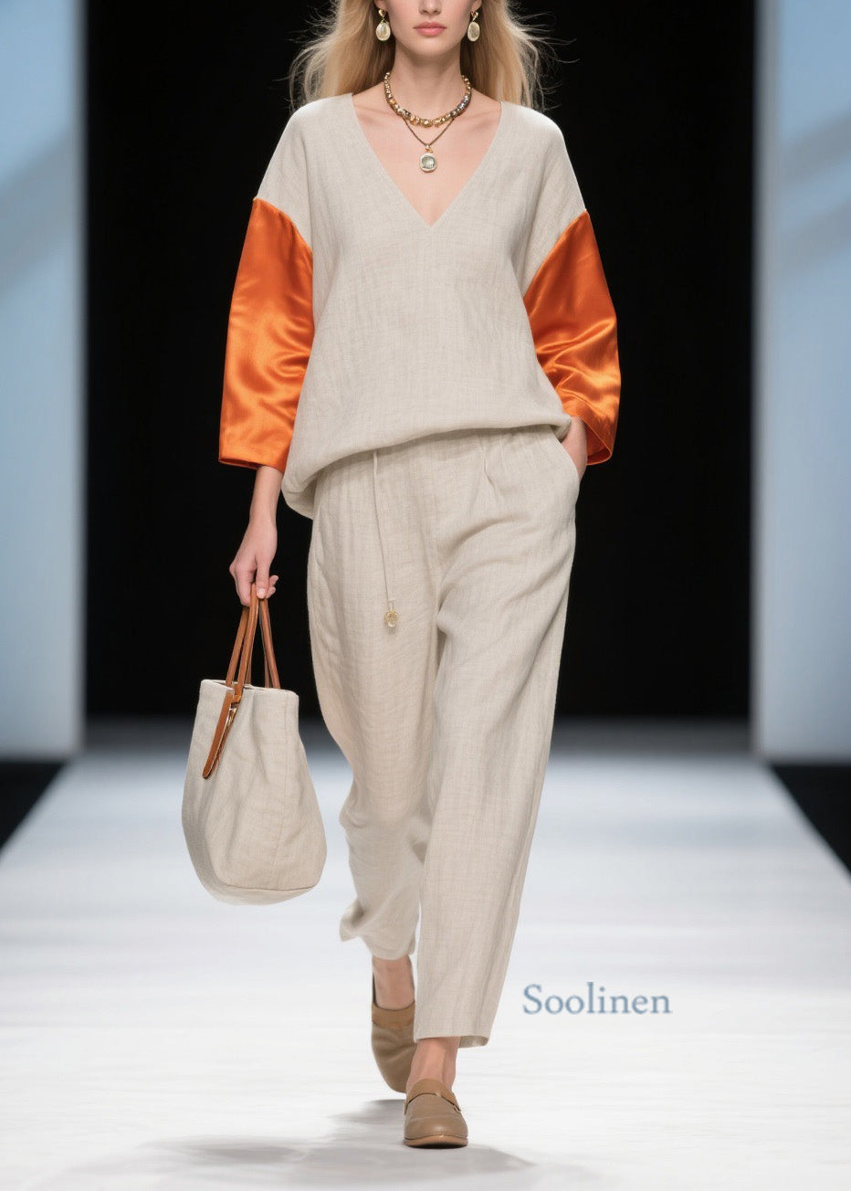 New Colorblock V Neck Patchwork Linen Silk Two-Piece Set Spring