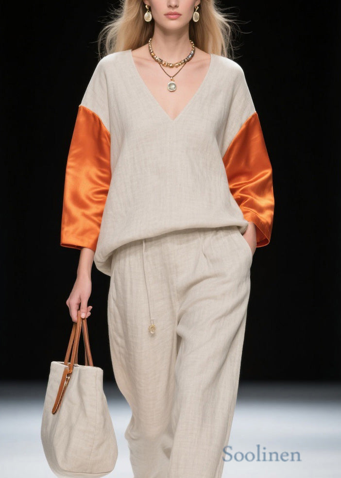 New Colorblock V Neck Patchwork Linen Silk Two-Piece Set Spring