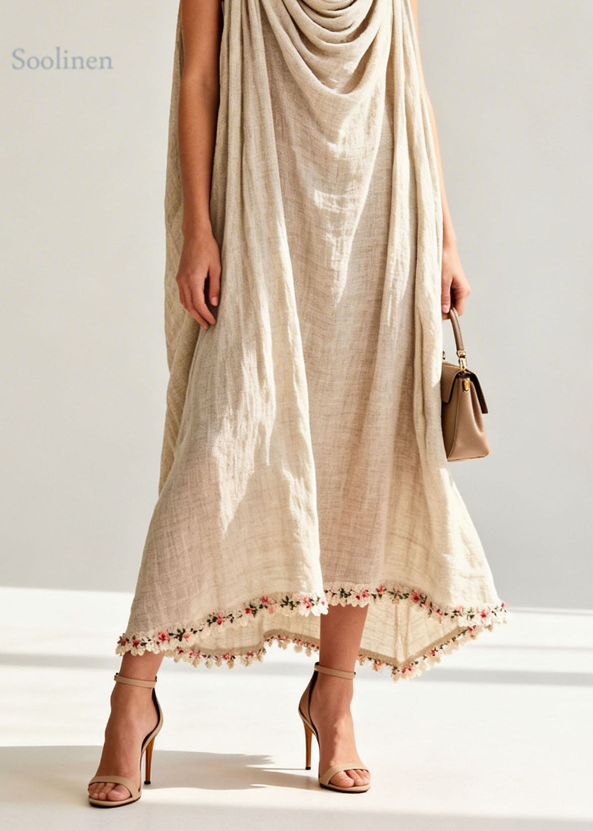 New Draped Neckline Floral Patchwork Linen Long Dresses Sleeveless