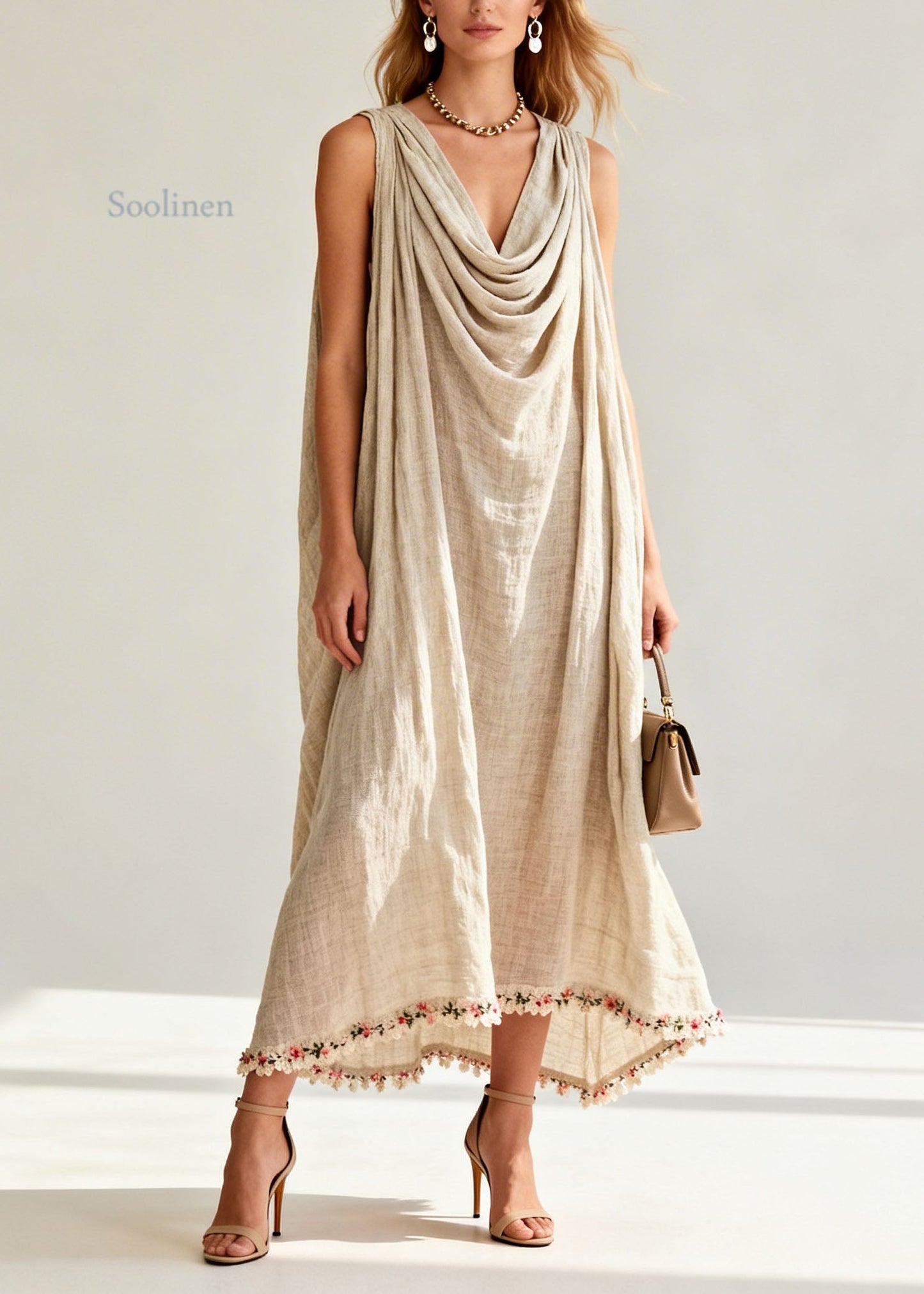 New Draped Neckline Floral Patchwork Linen Long Dresses Sleeveless