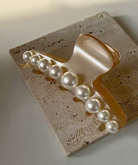 Pinza para el cabello tipo tiburón de acrílico color albaricoque, estilo francés, con perlas
