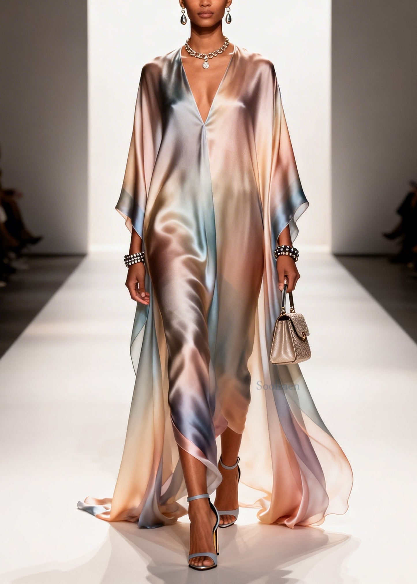 New Gradient Color V Neck Plus Size Chiffon Long Dress Summer
