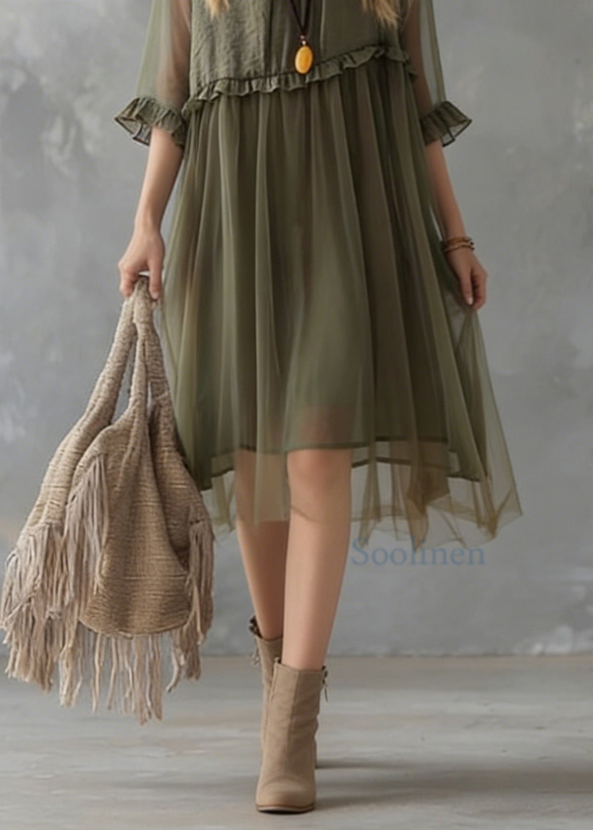 New Green Ruffled Tulle Patchwork Chiffon Dresses Summer
