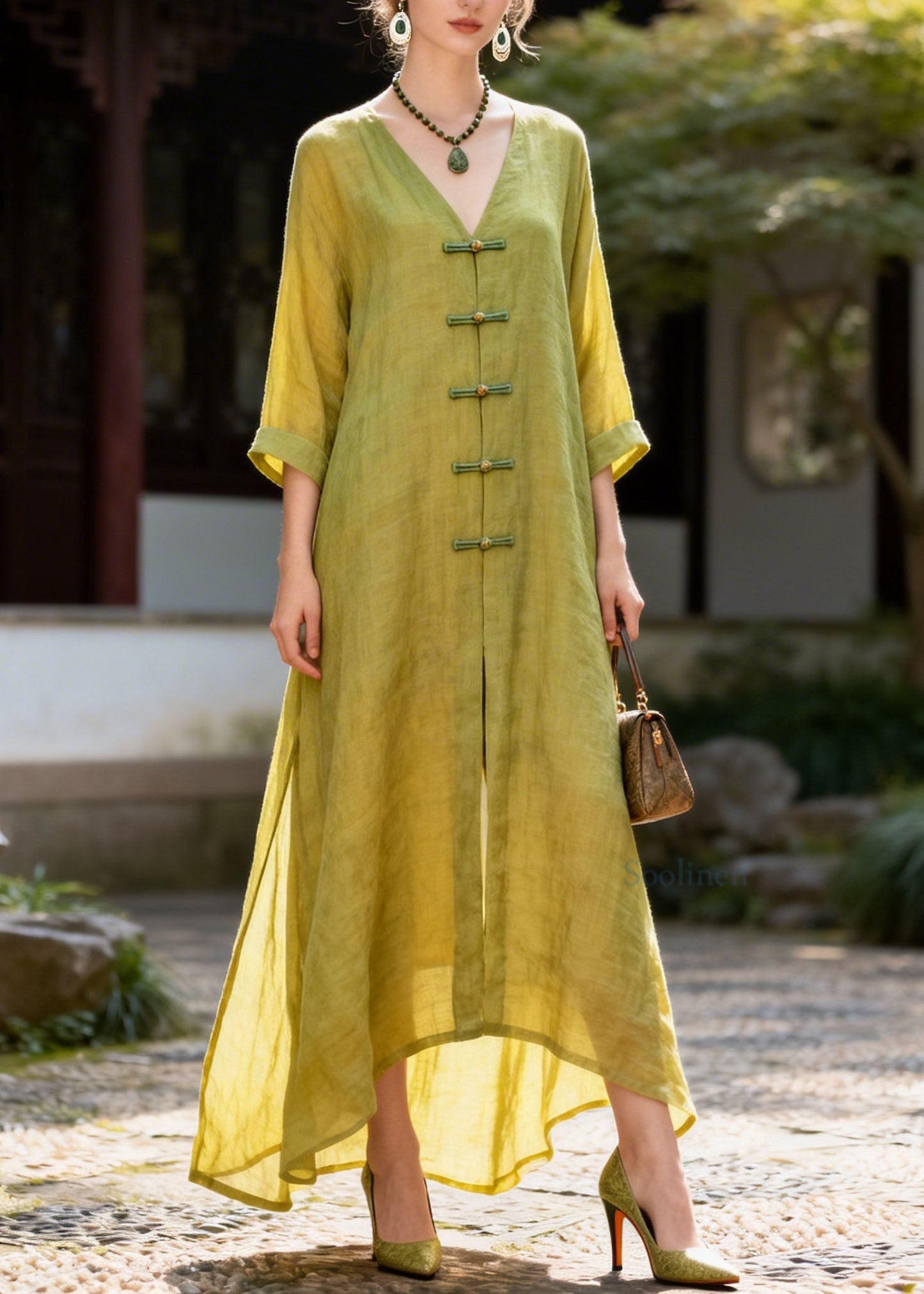 New Green V Neck Patchwork Chinese Button Cotton Maxi Dresses Summer