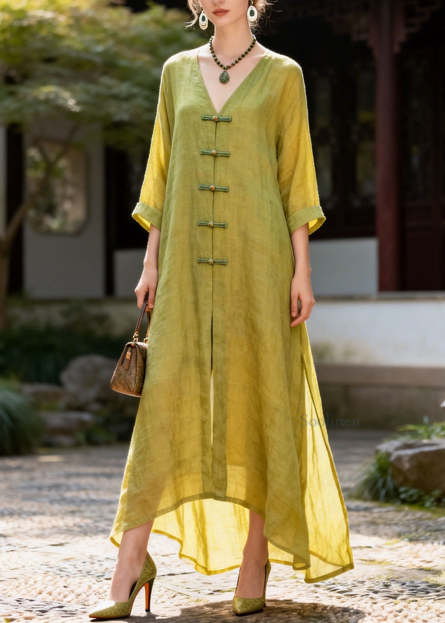 New Green V Neck Patchwork Chinese Button Cotton Maxi Dresses Summer