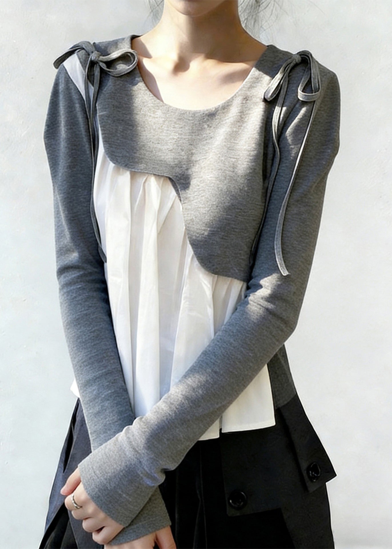 New Grey Asymmetrical Lace Up Patchwork Cotton T Shirts Spring
