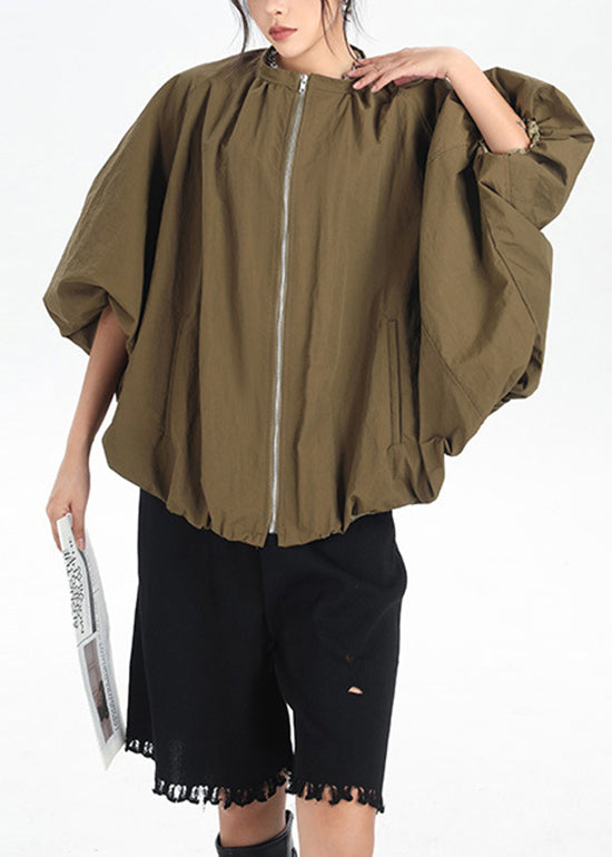 New Khaki Zip Up Pockets Patchwork Cotton Jacket Flower Bud Sleeve