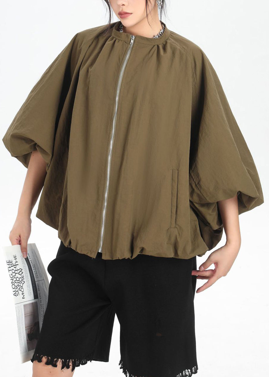 New Khaki Zip Up Pockets Patchwork Cotton Jacket Flower Bud Sleeve