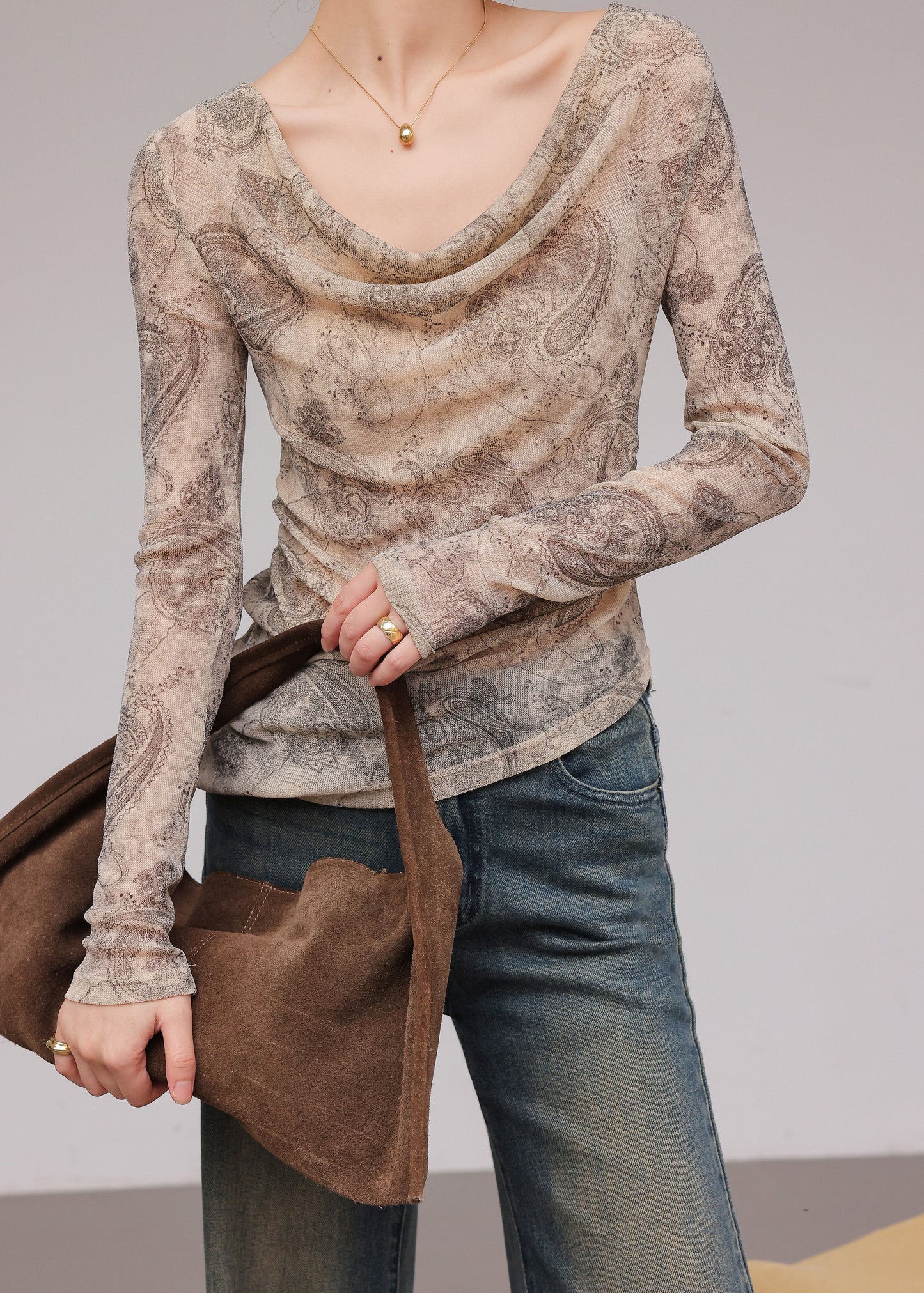 New Light Coffee Printed Irregular T-Shirt Top With Long Sleeves