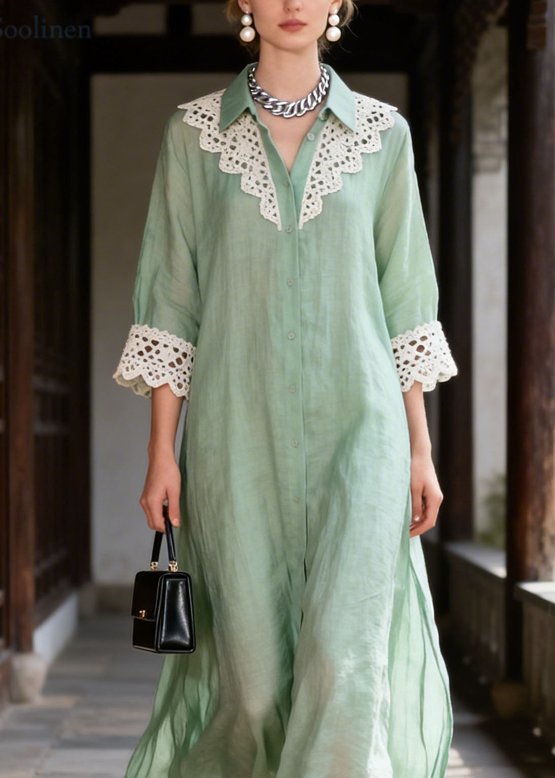 New Light Green Peter Pan Collar Lace Patchwork Cotton Dress Summer