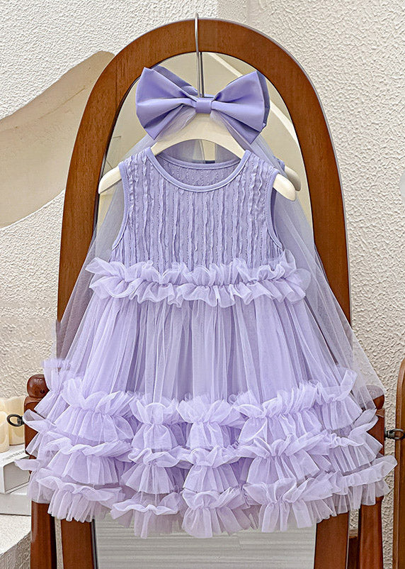 New Light Green Ruffled Patchwork Bow Tulle Kids Long Dress Sleeveless