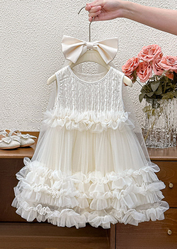 New Light Green Ruffled Patchwork Bow Tulle Kids Long Dress Sleeveless