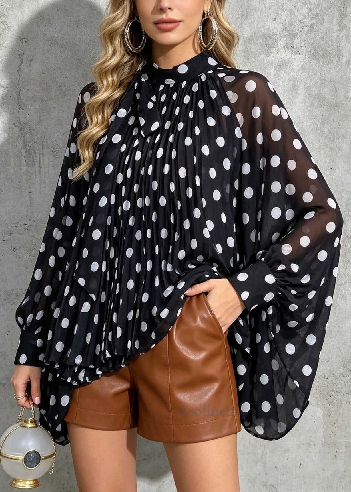 New Loose Black Dot Print Bow Chiffon Shirt Batwing Sleeve