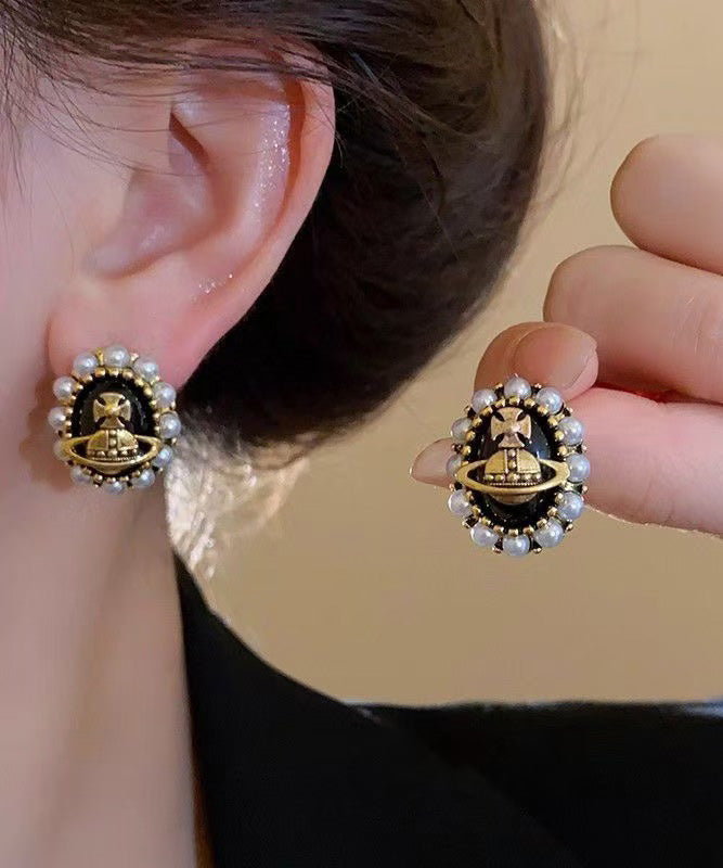 New Luxury Black Metal Pearl Stud Earrings